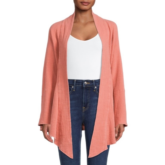 NWOT 100% Cotton Seersucker Oversized Coral Tie Front Kimono Sweater - Picture 1 of 15